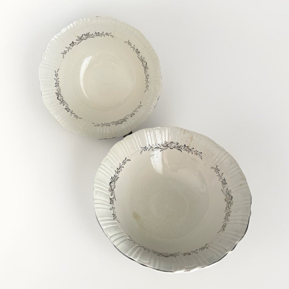(2) Coronet Serving Bowls 8 3/4” Platinum Floral Wreath Homer Laughlin Vintage
